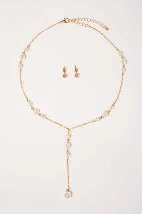 Crystal Y shaped Pearl Drop Necklace - Gold