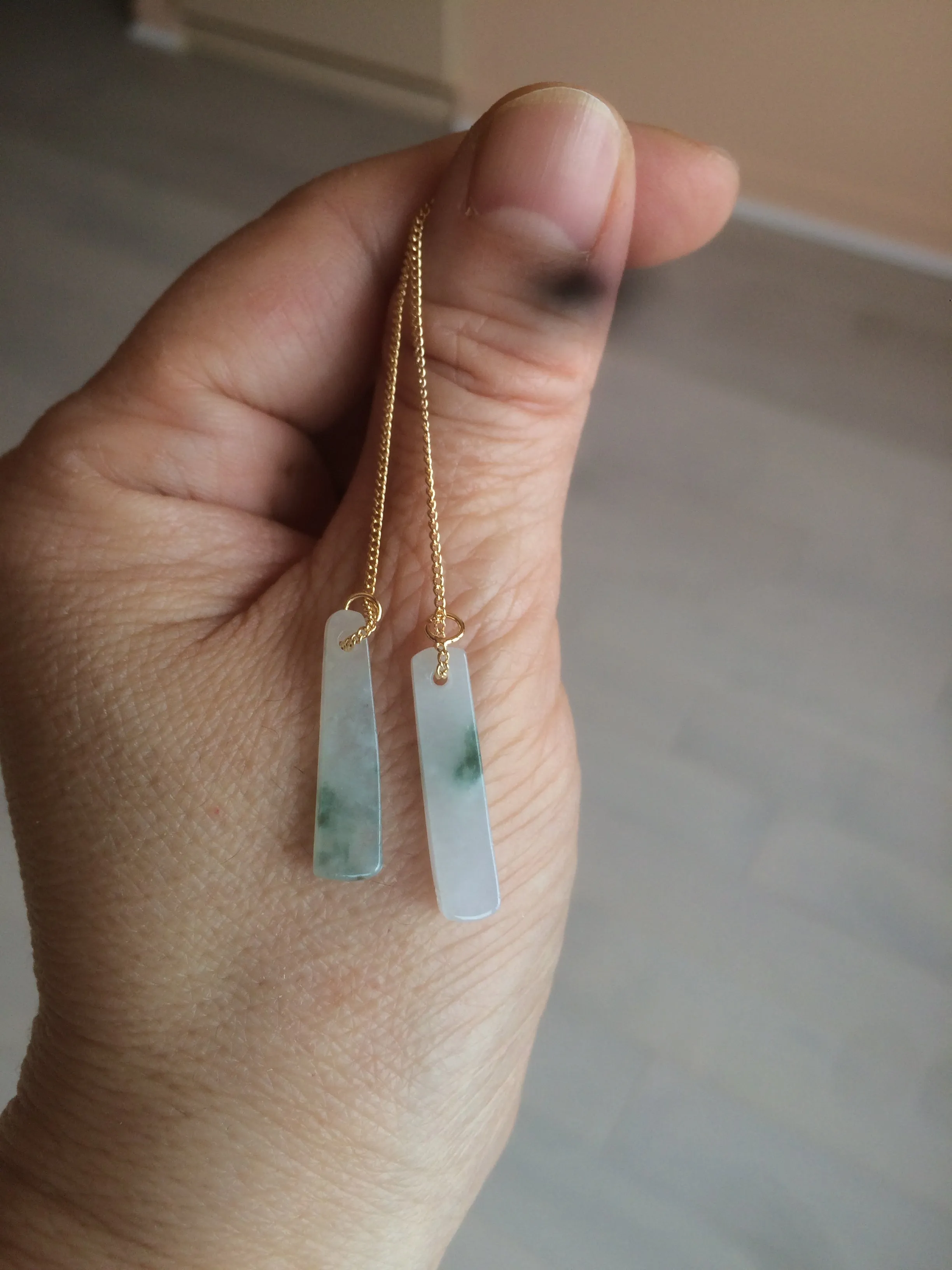 100% Natural icy watery green Misty rain (烟雨江南) safe and sound dangling jadeite Jade earring C22