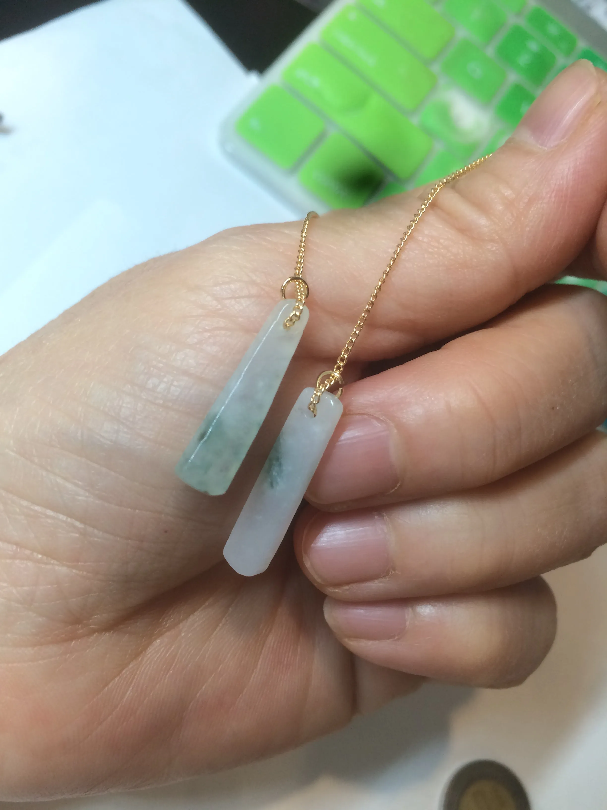 100% Natural icy watery green Misty rain (烟雨江南) safe and sound dangling jadeite Jade earring C22