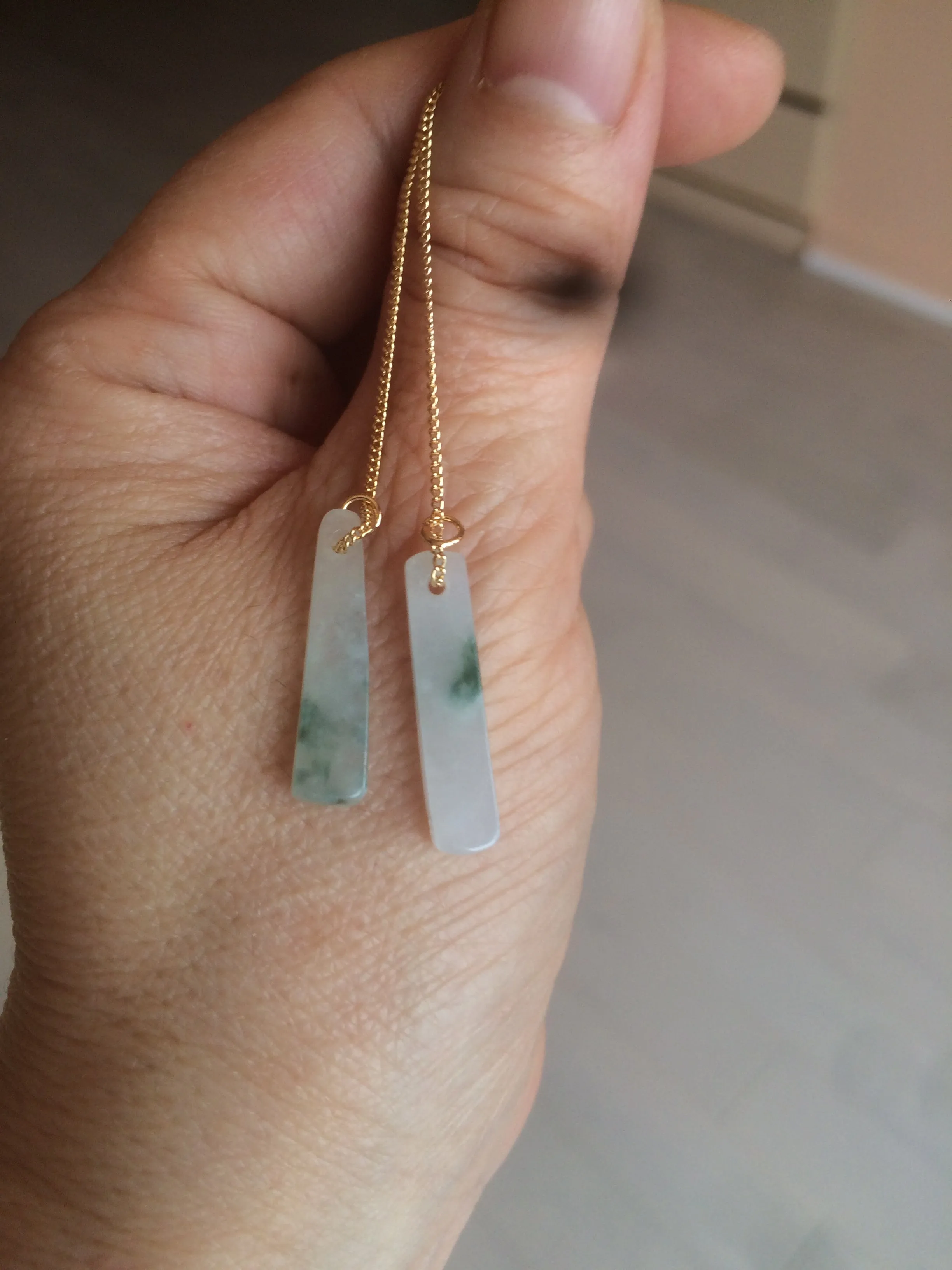 100% Natural icy watery green Misty rain (烟雨江南) safe and sound dangling jadeite Jade earring C22