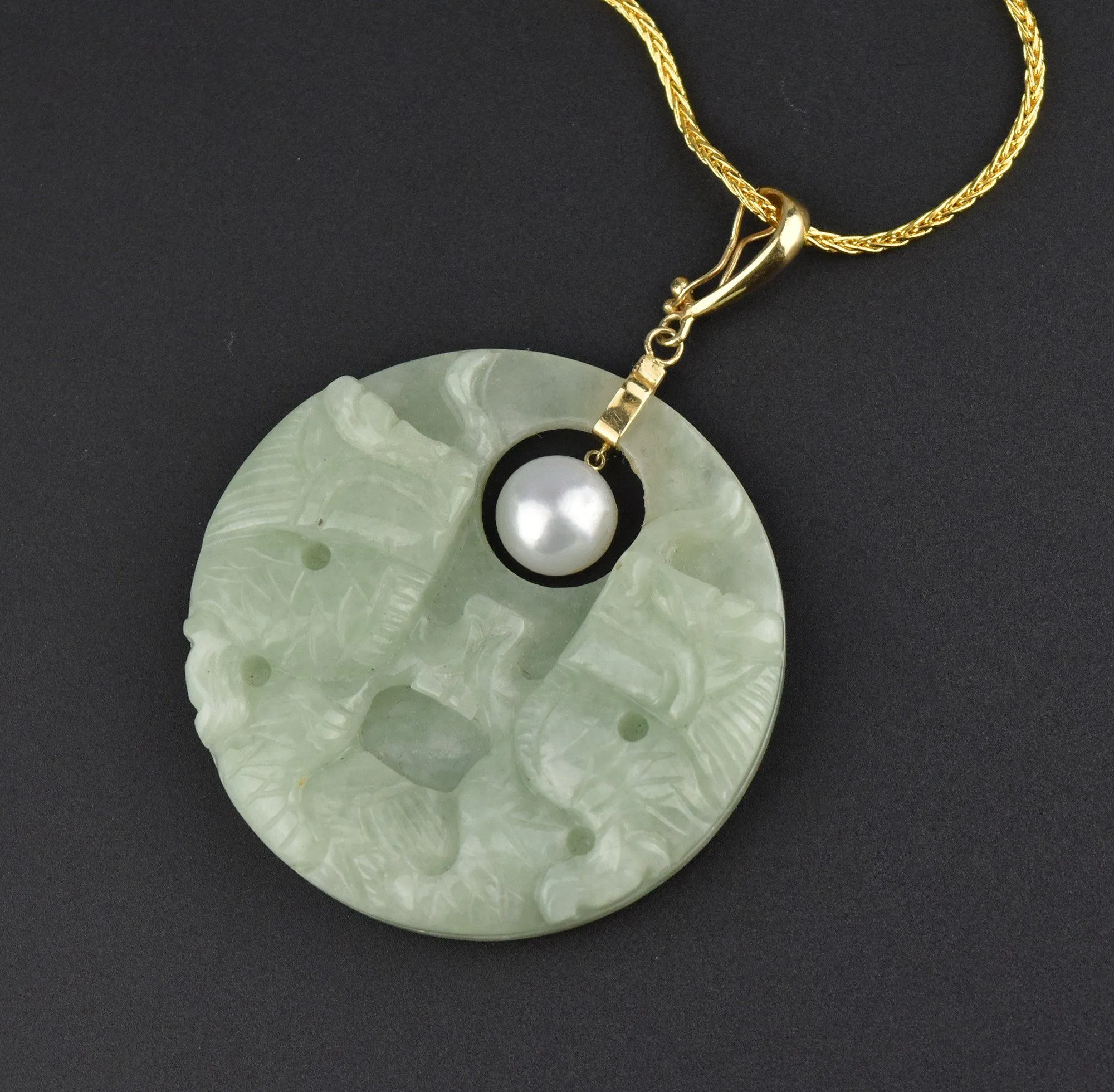 14K Gold Jade Jadeite Dragon Pearl Pendant Necklace