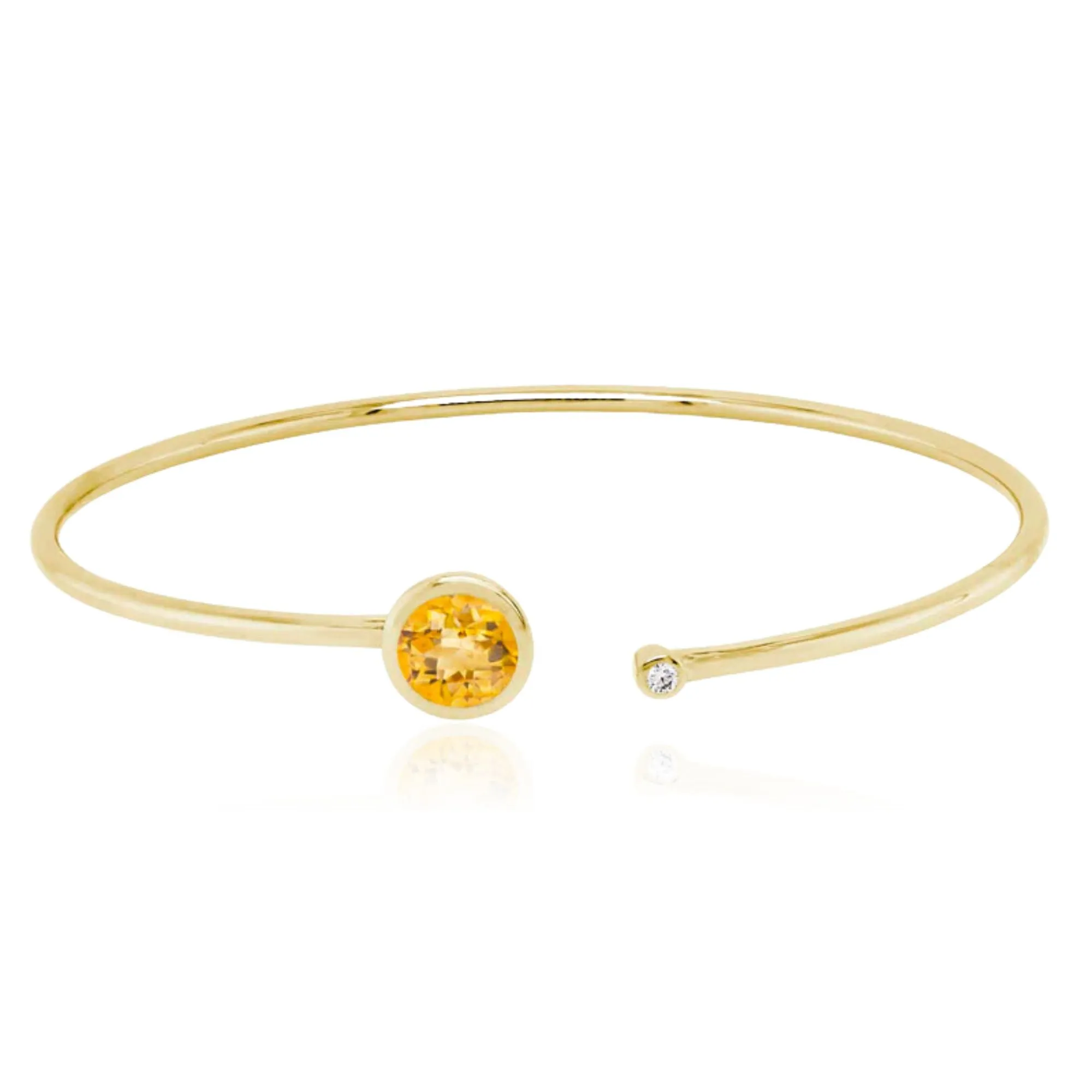 14K YELLOW GOLD OPEN TOP BANGLE BRACELET WITH A ROUND CITRINE AND DIAMOND ACCENT