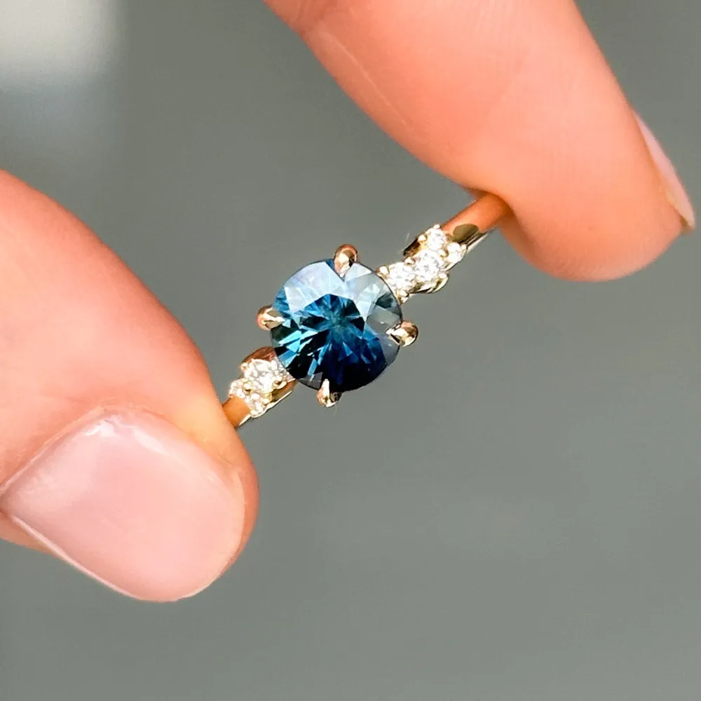 1.62ct Ocean Blue Madagascar Sapphire and Diamond Starry Night Low Profile Solitaire in 14k Yellow Gold