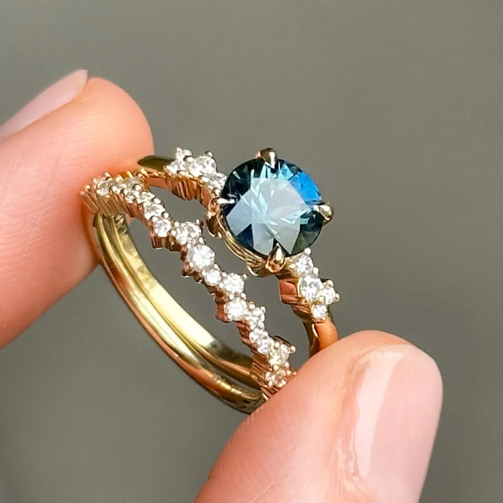 1.62ct Ocean Blue Madagascar Sapphire and Diamond Starry Night Low Profile Solitaire in 14k Yellow Gold