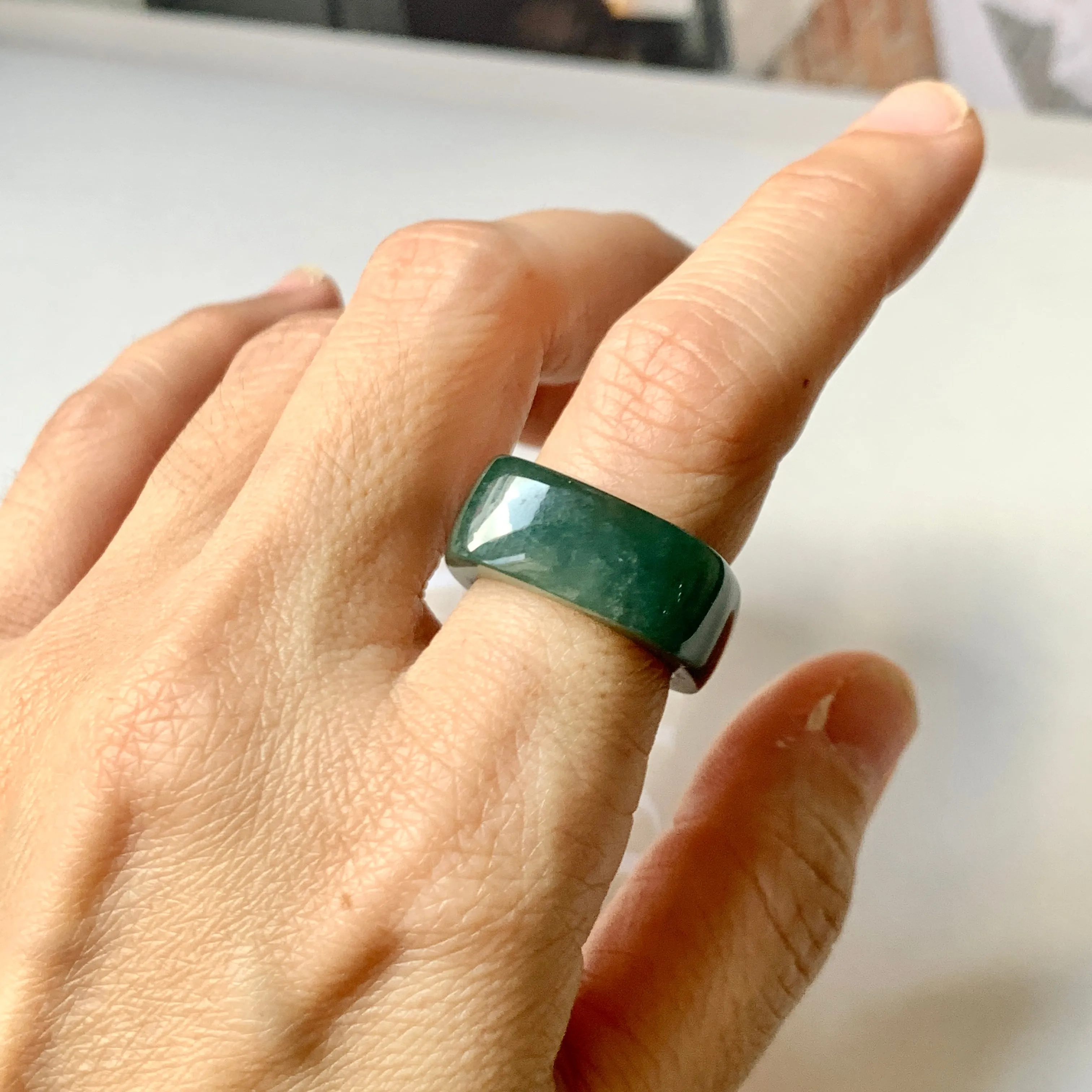 16.3mm A-Grade Natural Dark Bluish Green Jadeite Square Abacus Ring Band No. 161996