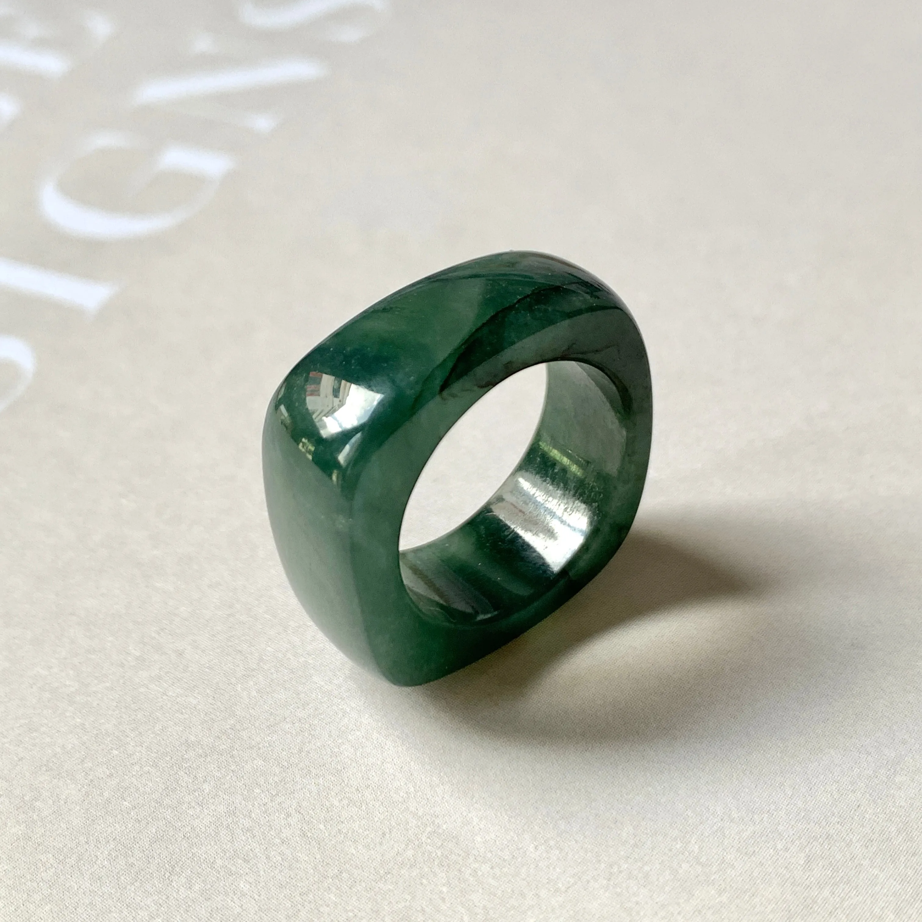 16.3mm A-Grade Natural Dark Bluish Green Jadeite Square Abacus Ring Band No. 161996