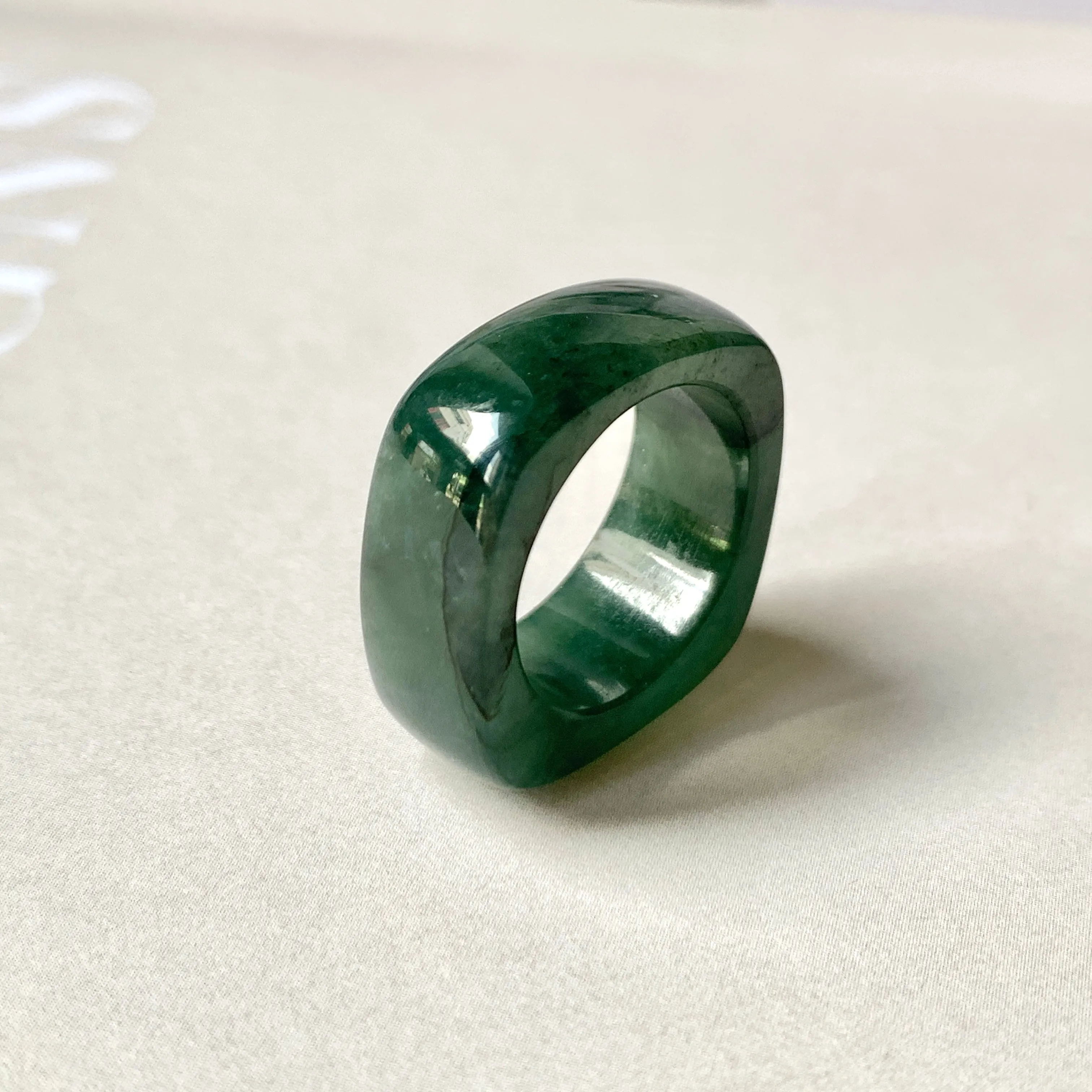 16.3mm A-Grade Natural Dark Bluish Green Jadeite Square Abacus Ring Band No. 161996