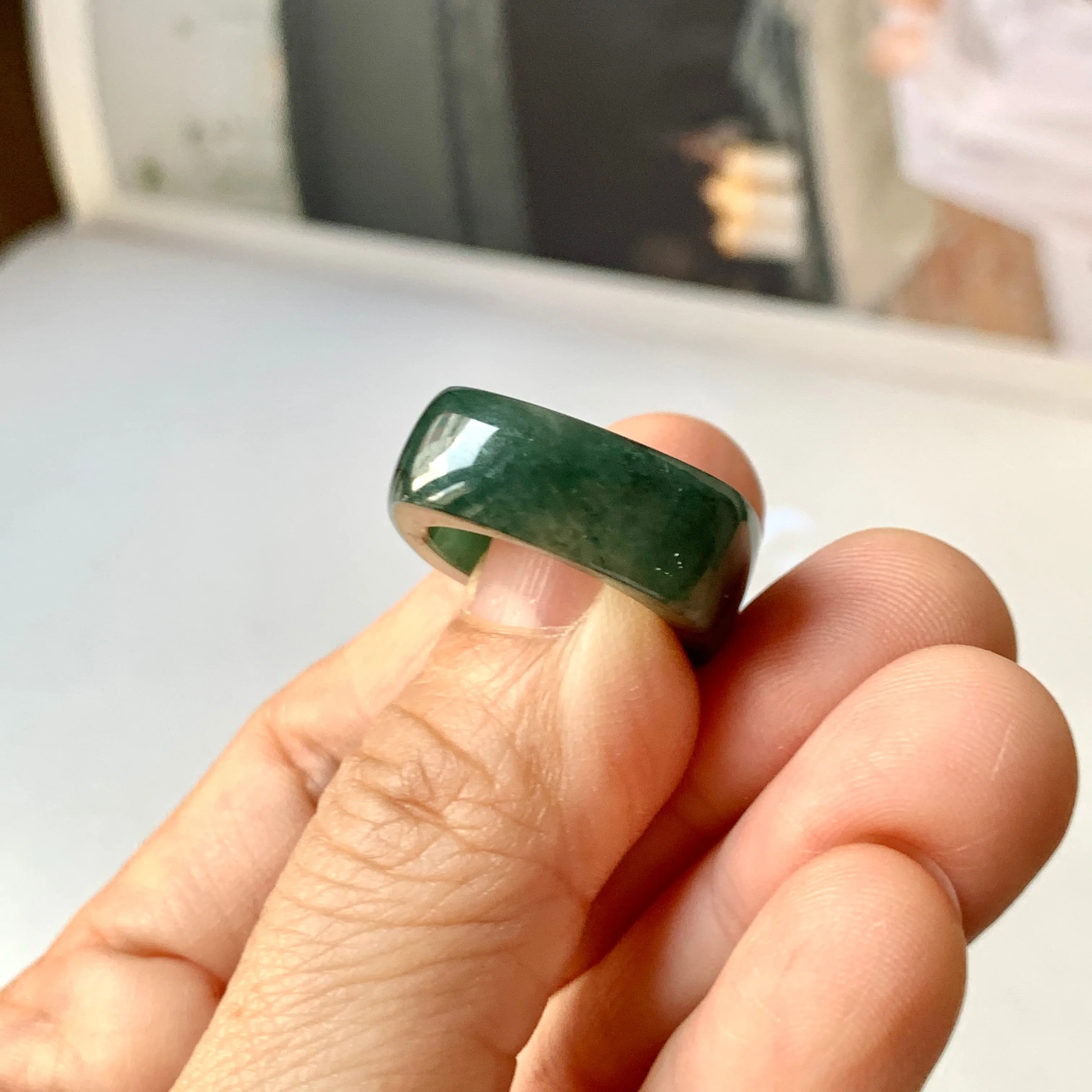 16.3mm A-Grade Natural Dark Bluish Green Jadeite Square Abacus Ring Band No. 161996