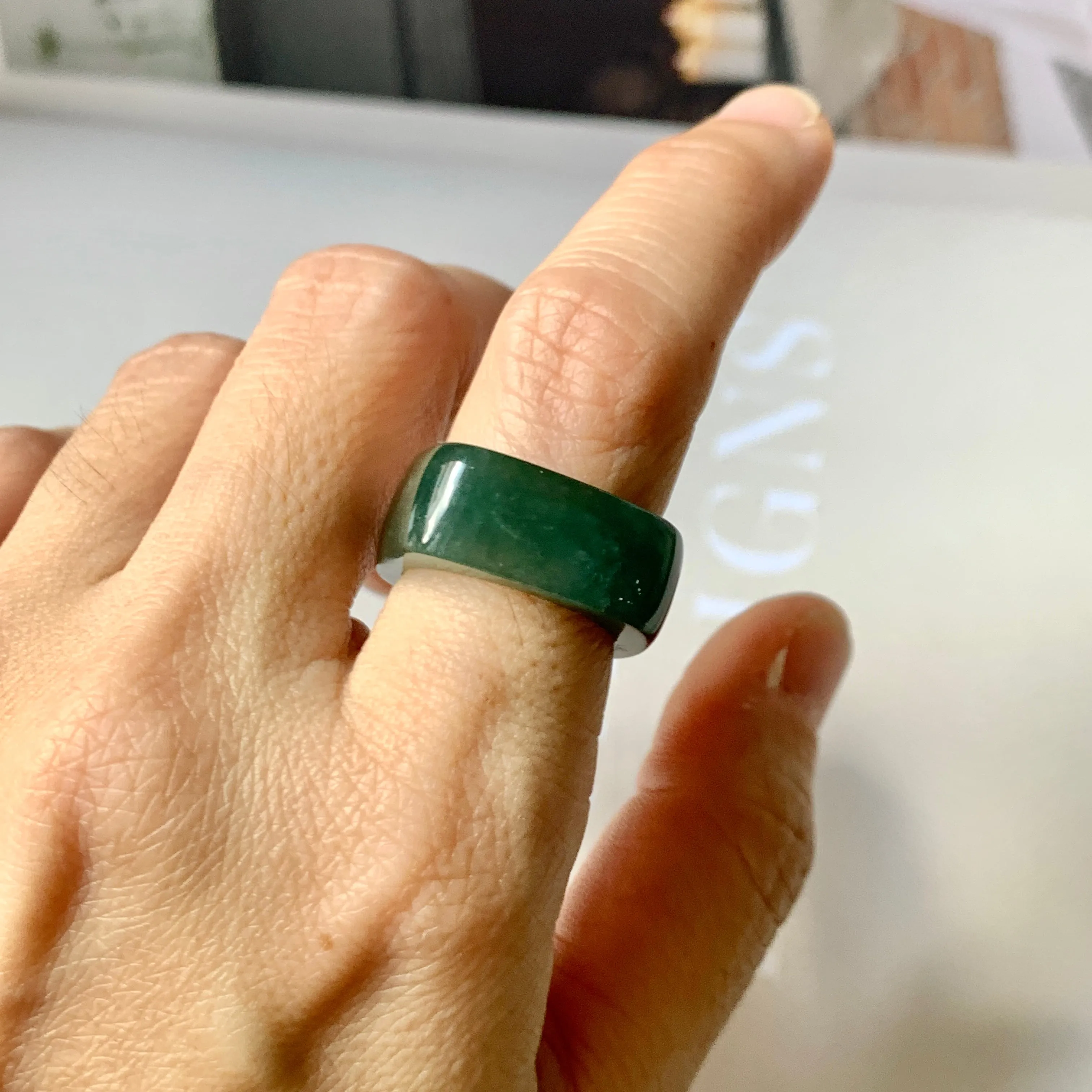 16.3mm A-Grade Natural Dark Bluish Green Jadeite Square Abacus Ring Band No. 161996