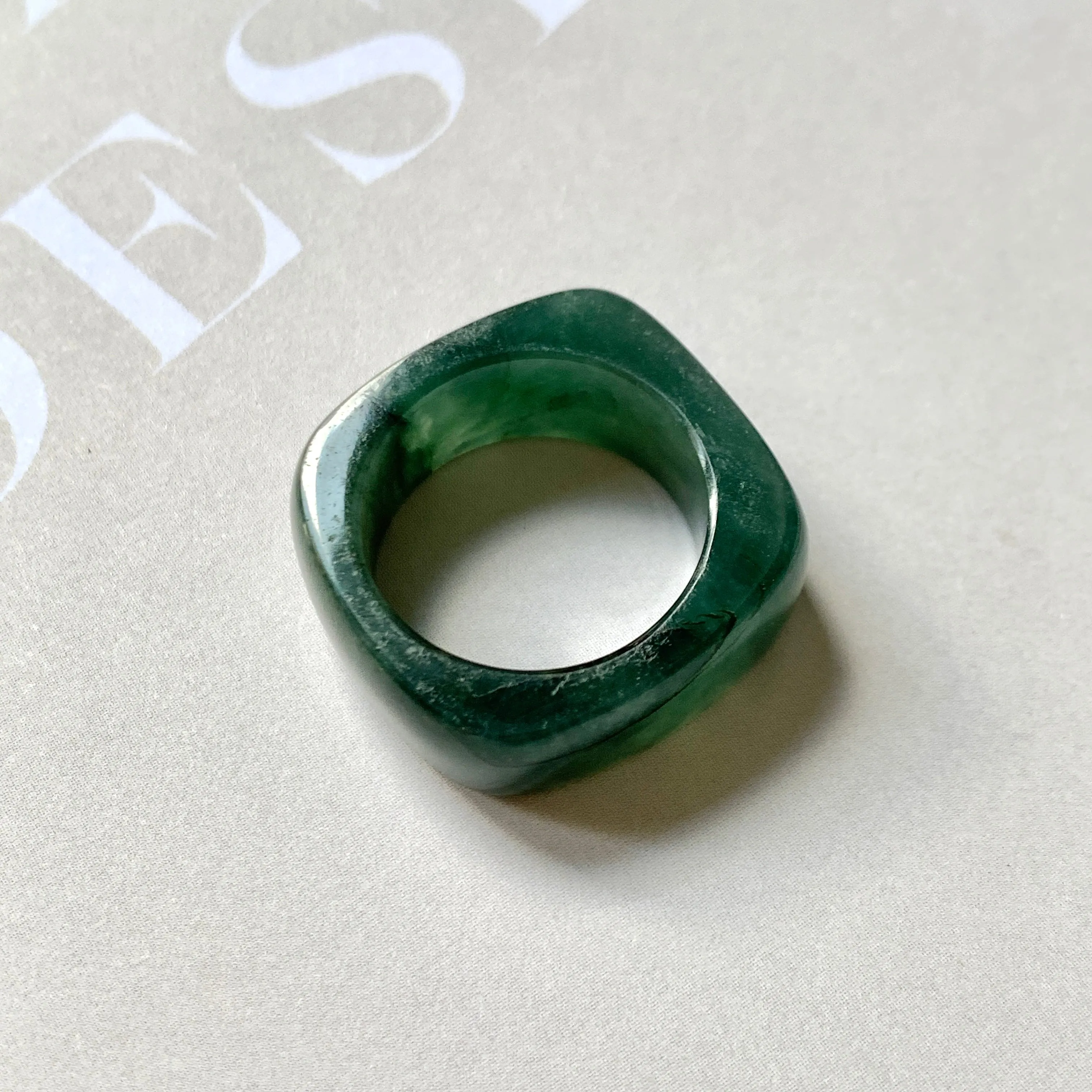 16.3mm A-Grade Natural Dark Bluish Green Jadeite Square Abacus Ring Band No. 161996