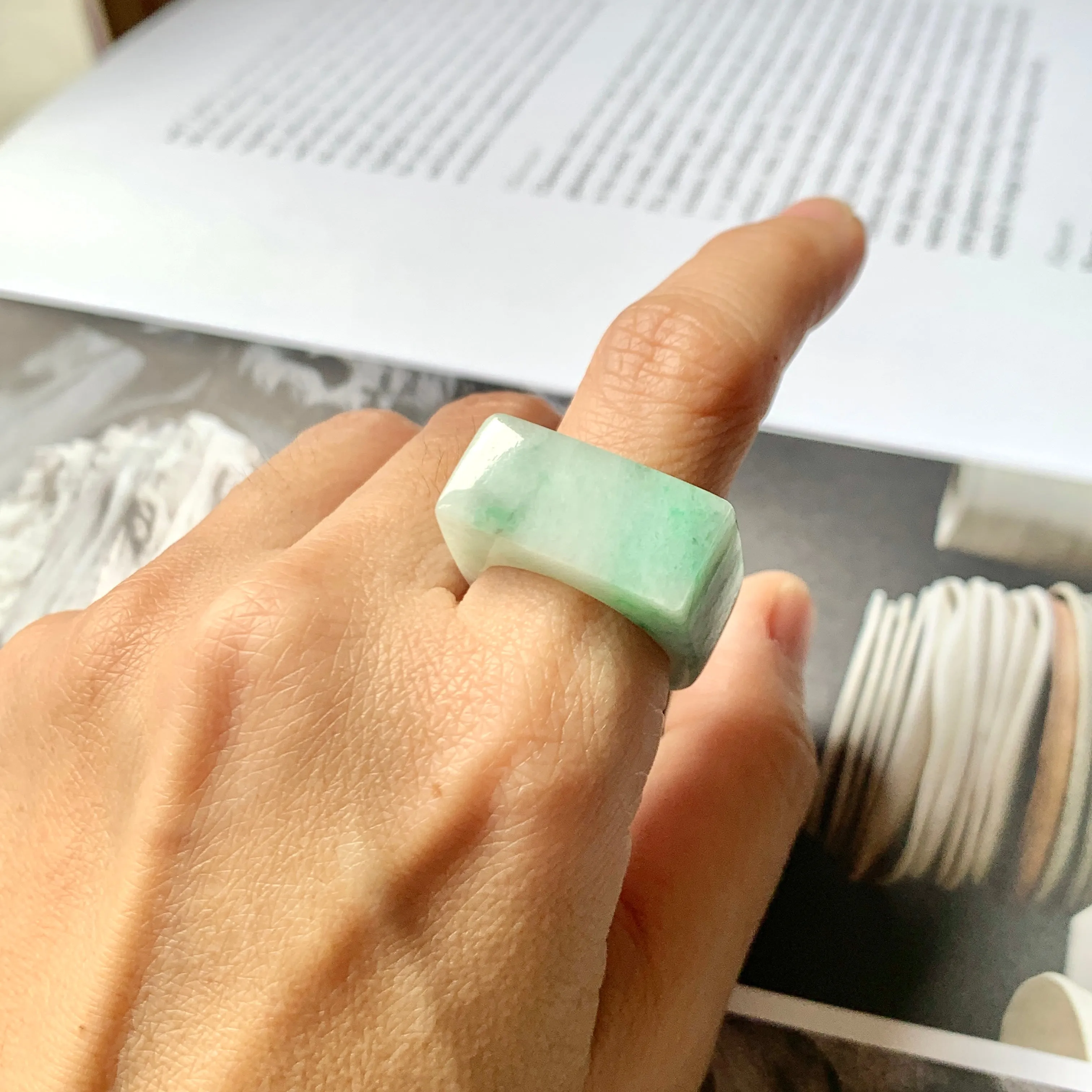 18.2mm A-Grade Natural Moss On Snow Jadeite Ring Band No.220474