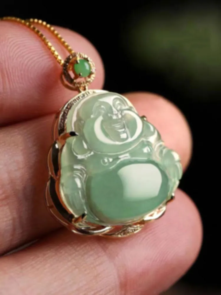 18K Gold Inlay Natural Ice Jadeite Jade Laughing Buddha「Happiness」Pendant Necklace for Men and Women