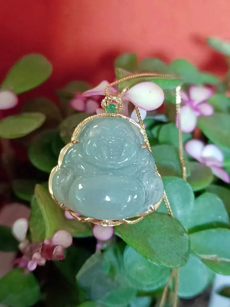 18K Gold Inlay Natural Ice Jadeite Jade Laughing Buddha「Happiness」Pendant Necklace for Men and Women