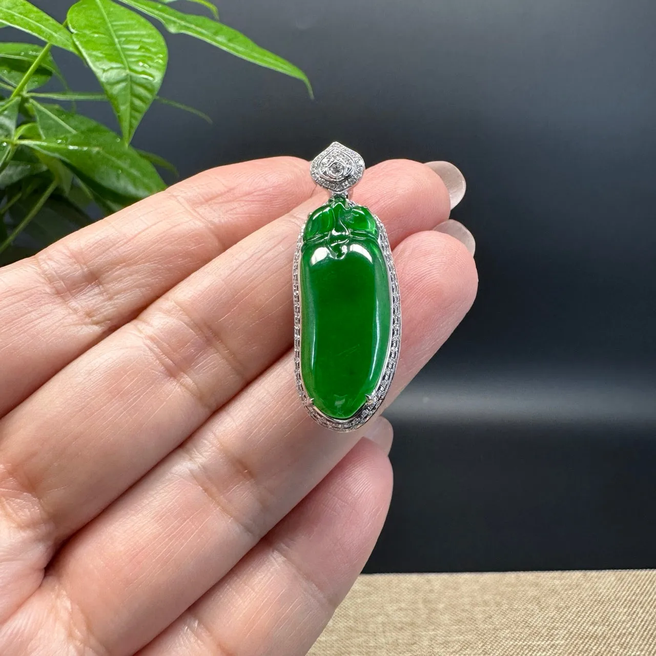 18K White Gold High end Guatemala Green Jadeite Jade Shou Tao Pendant with Diamond