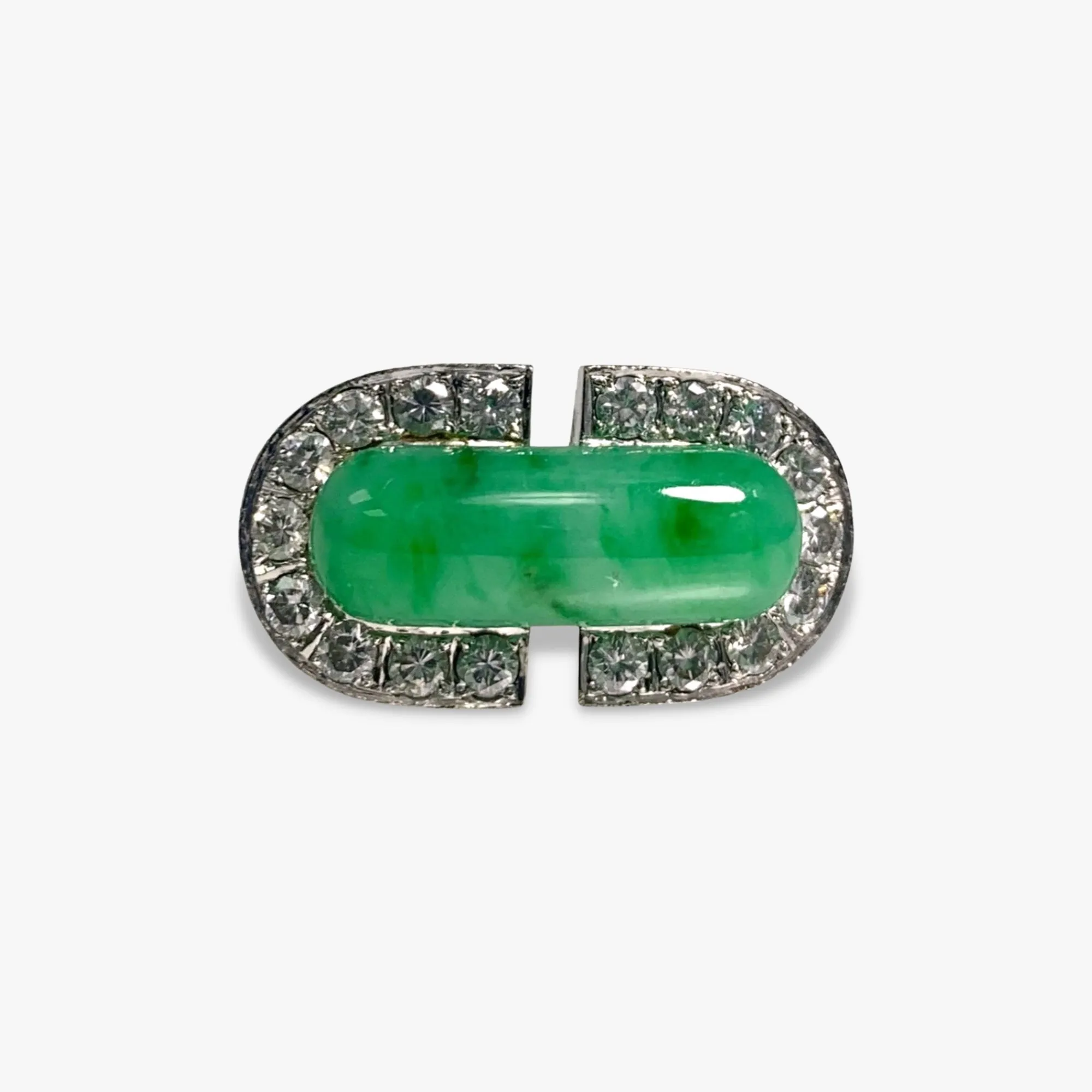 18k White Gold Oval-Shaped Green Jadeite and Diamond Vintage Ring