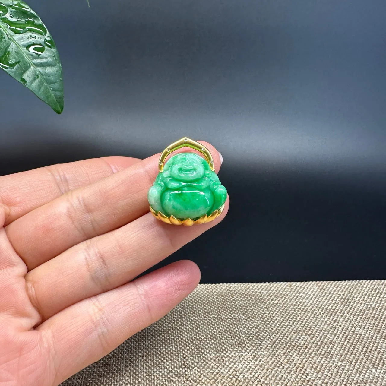 18K Yellow Gold Burmese Green Jadeite Jade Happy Buddha Pendant