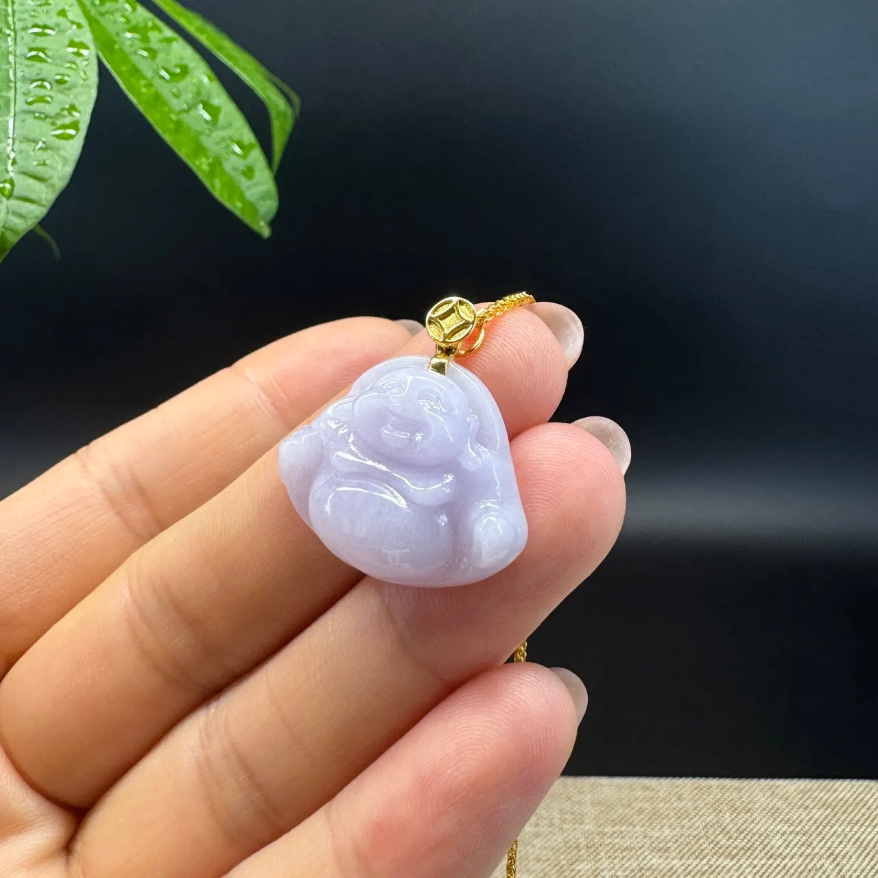 18K Yellow Gold Burmese Lavender Jadeite Jade Happy Buddha Pendant