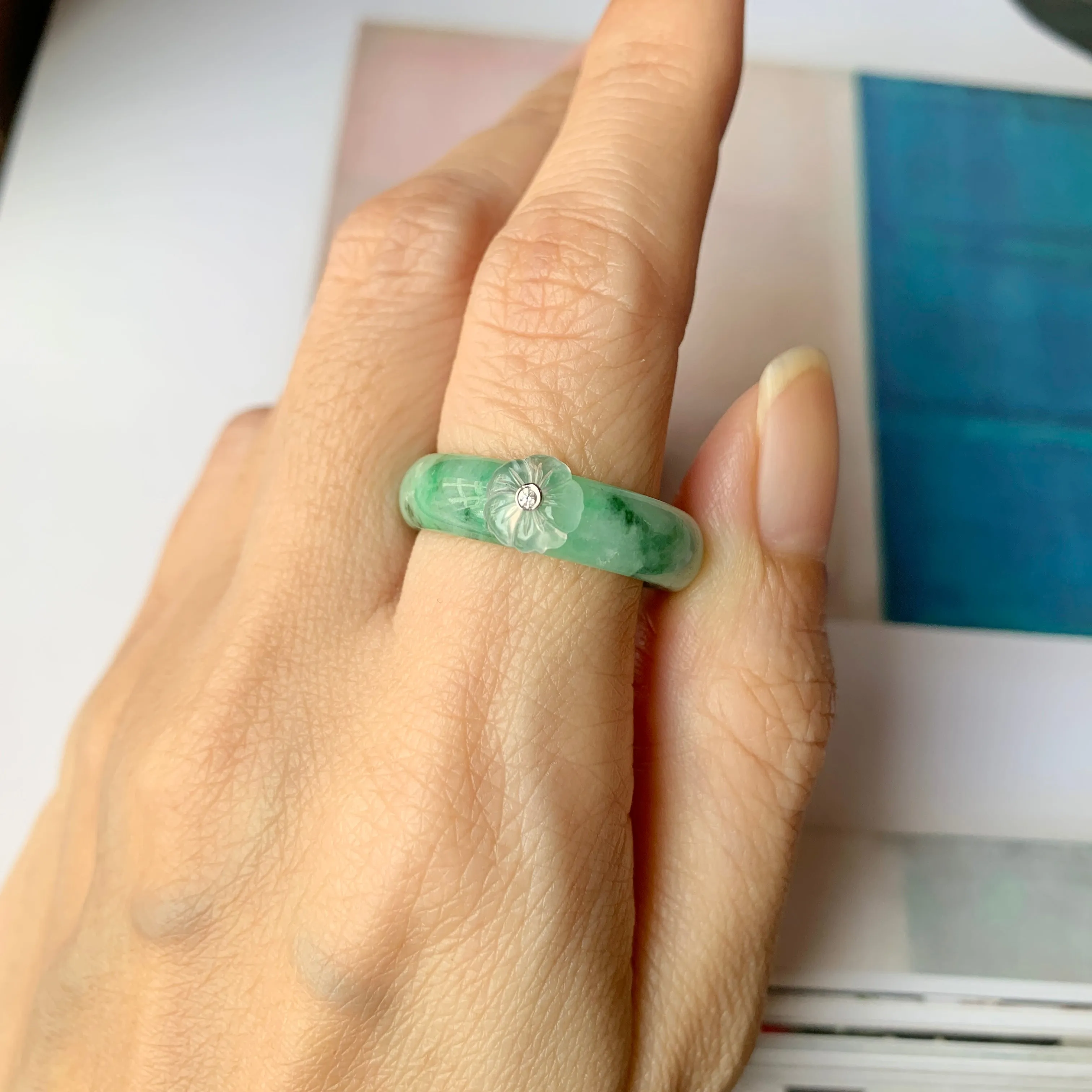 19.3mm A-Grade Natural Jadeite Bespoke Joseon Ring (Sakura Flower) No.162084