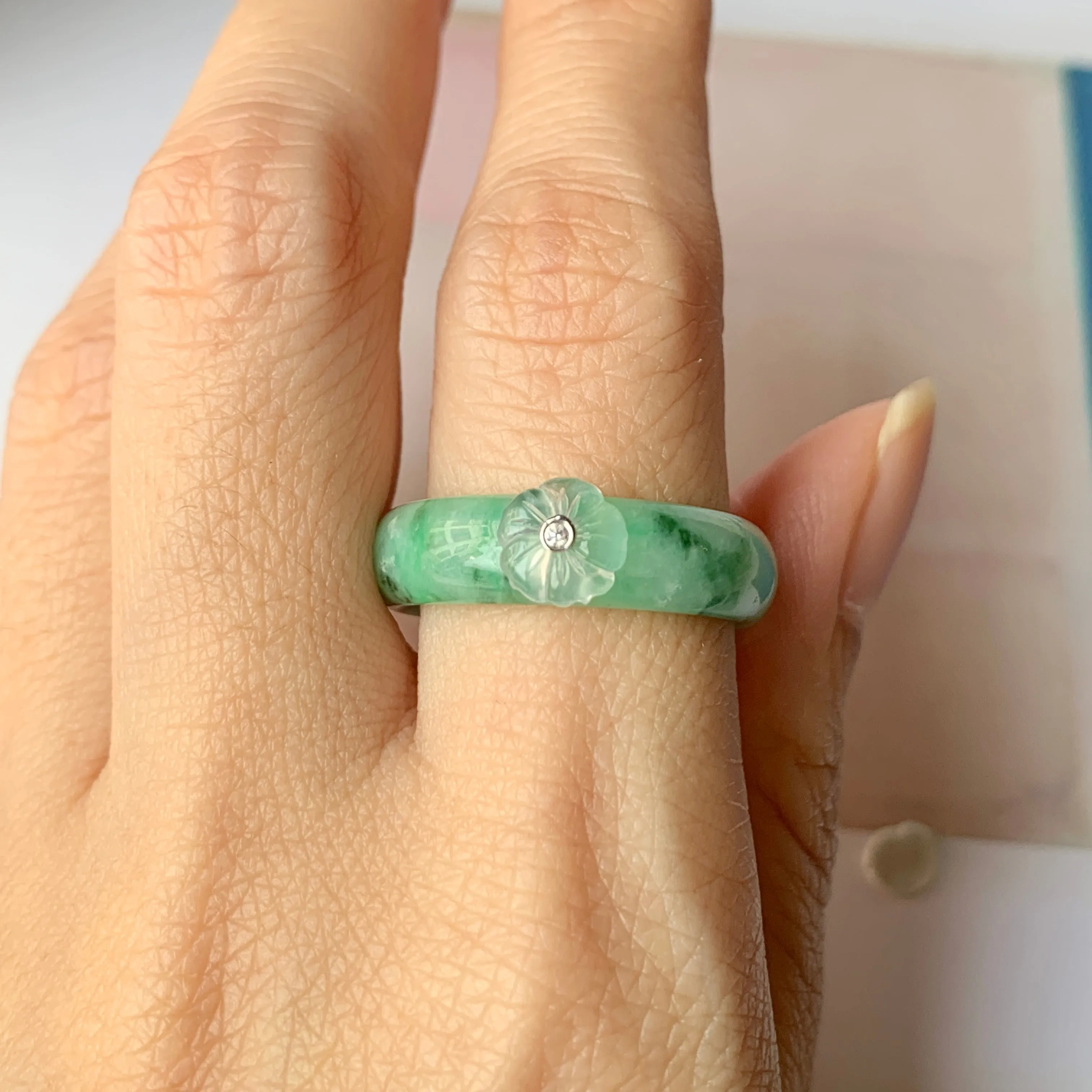 19.3mm A-Grade Natural Jadeite Bespoke Joseon Ring (Sakura Flower) No.162084