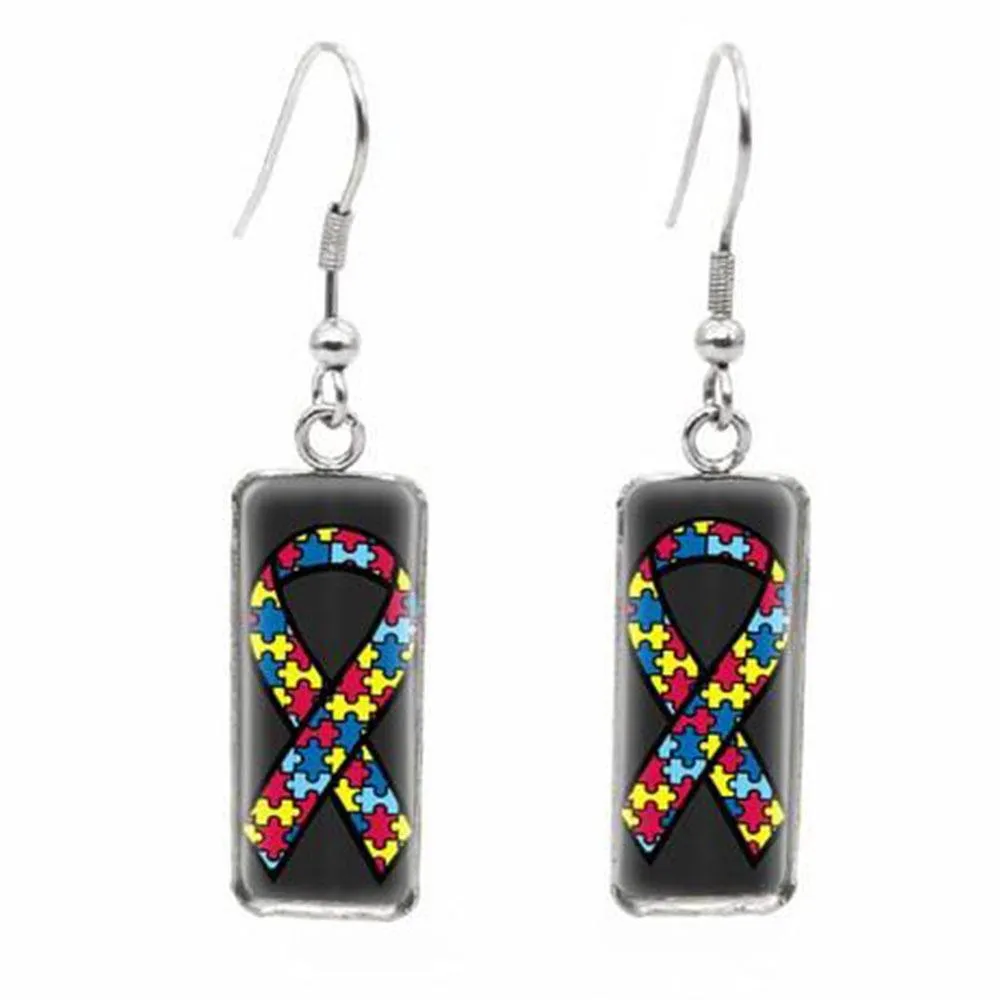 2020 New Autism Awareness Rectangular Earring Glass Dome Square Fish Hook Earring Handmade Photo Jewelry