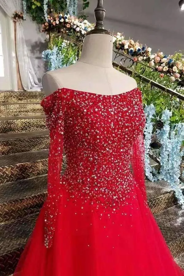 2024 Boat Neck A-Line Red Prom Dresses Tulle Lace Up With Appliques And Bow Knot Beaded Bodice PR12D19S