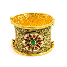 22K Yellow Gold Bangle W/ Rubies, Emeralds & CZ Gems on Antique Finish Flower Cuff