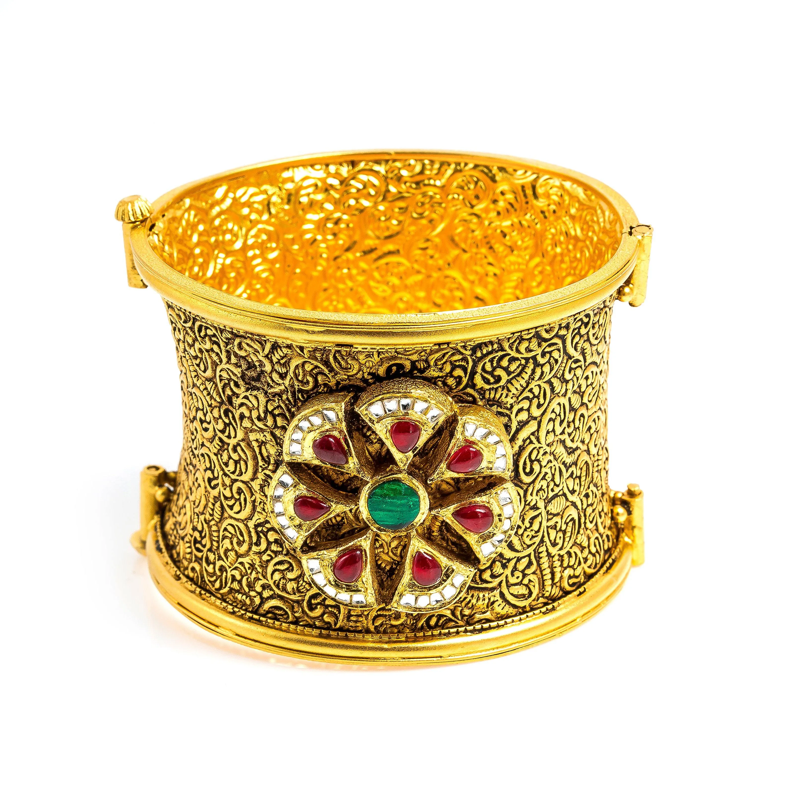 22K Yellow Gold Bangle W/ Rubies, Emeralds & CZ Gems on Antique Finish Flower Cuff