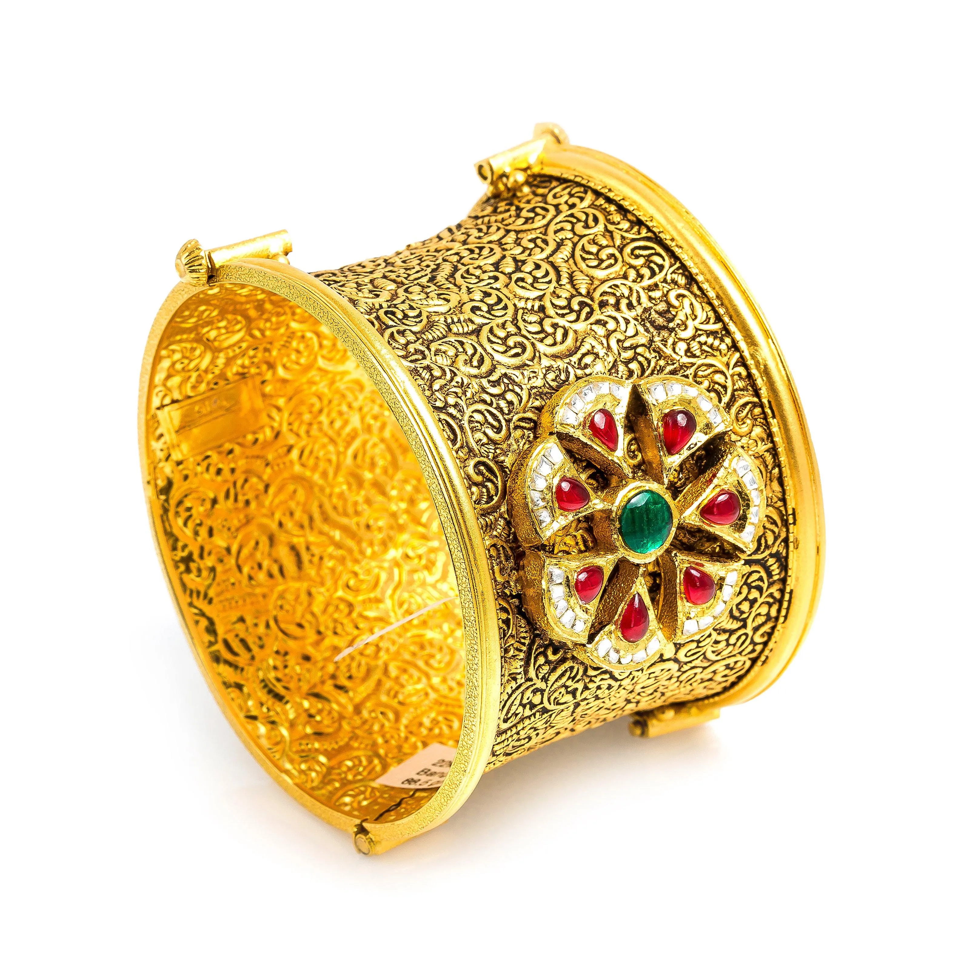 22K Yellow Gold Bangle W/ Rubies, Emeralds & CZ Gems on Antique Finish Flower Cuff