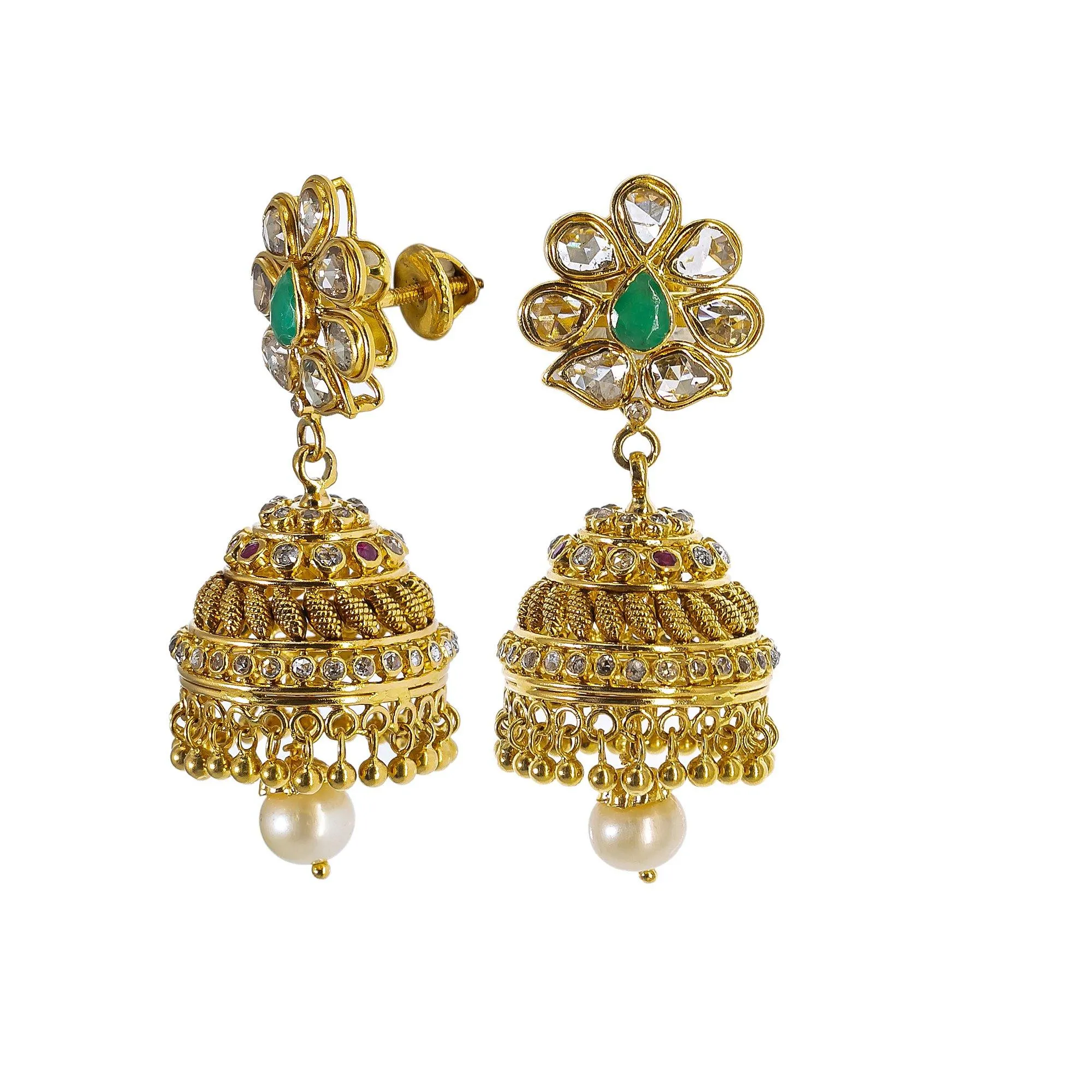 22K Yellow Gold Uncut Diamond Jhumki Earrings W/ 1.77ct Uncut Diamonds, Emeralds, Rubies & Drop Pearls