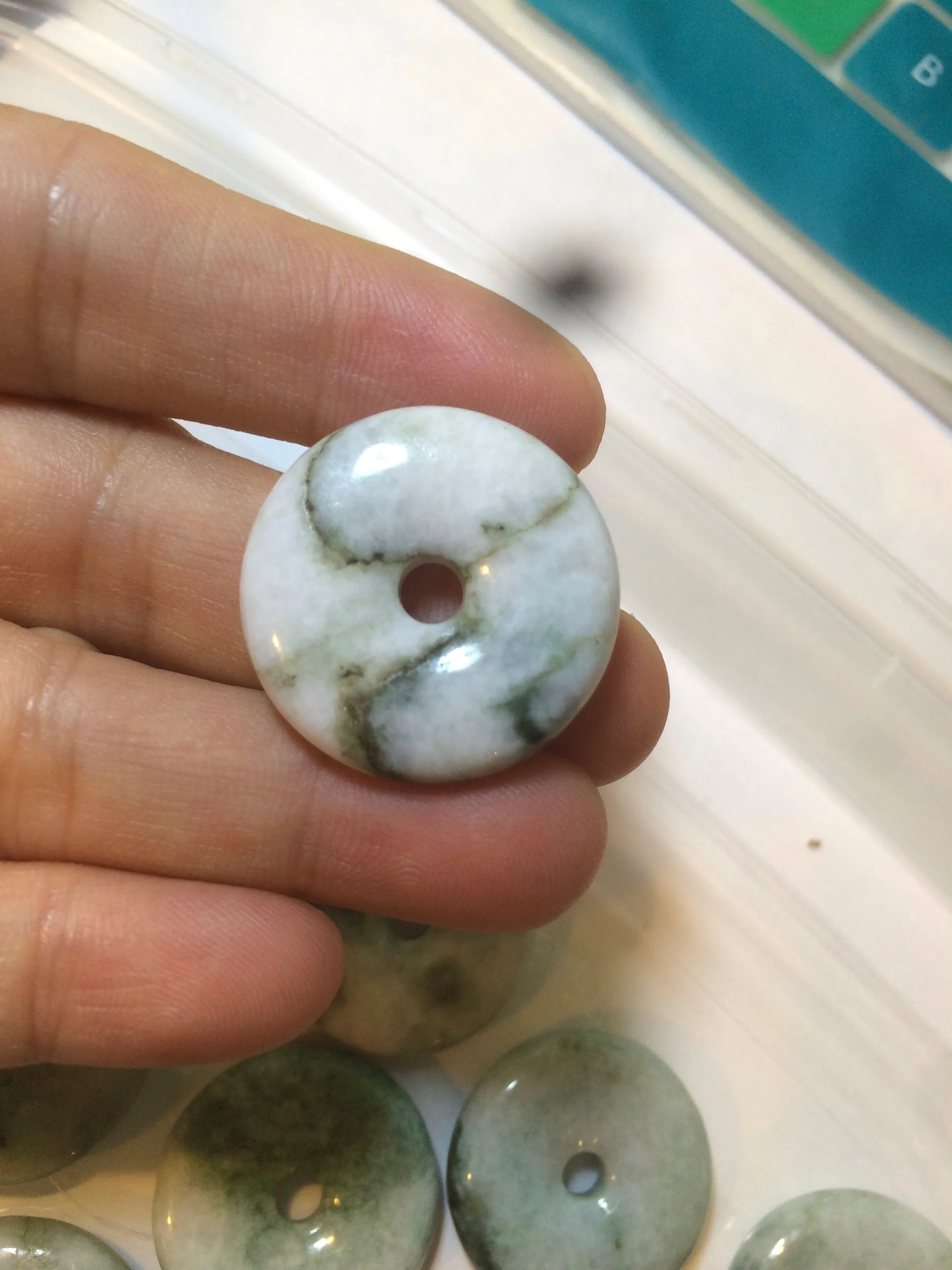 24-25mm Type A 100% Natural dark green/white Jadeite Jade Safety Guardian Button donut Pendant group AK40-1 (Add-on items)