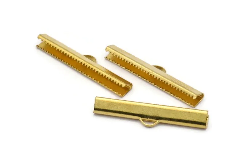 40mm Choker End, 20 Raw Brass Ribbon Crimp Ends With Loop, Findings (40mm) D0340