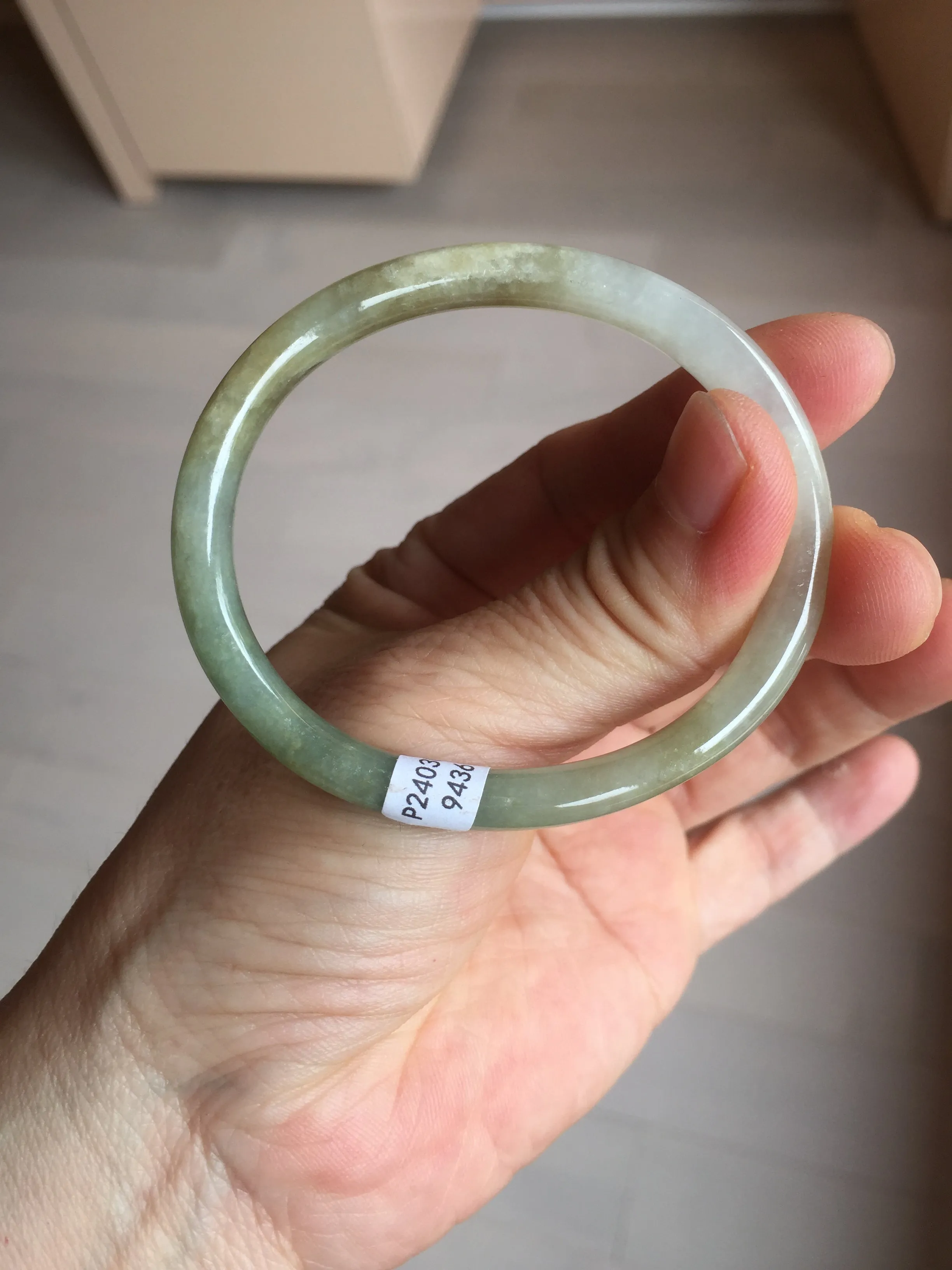 48mm certified 100% natural Type A icy watery green/brown/gray slim oval jadeite jade bangle BL111-9436