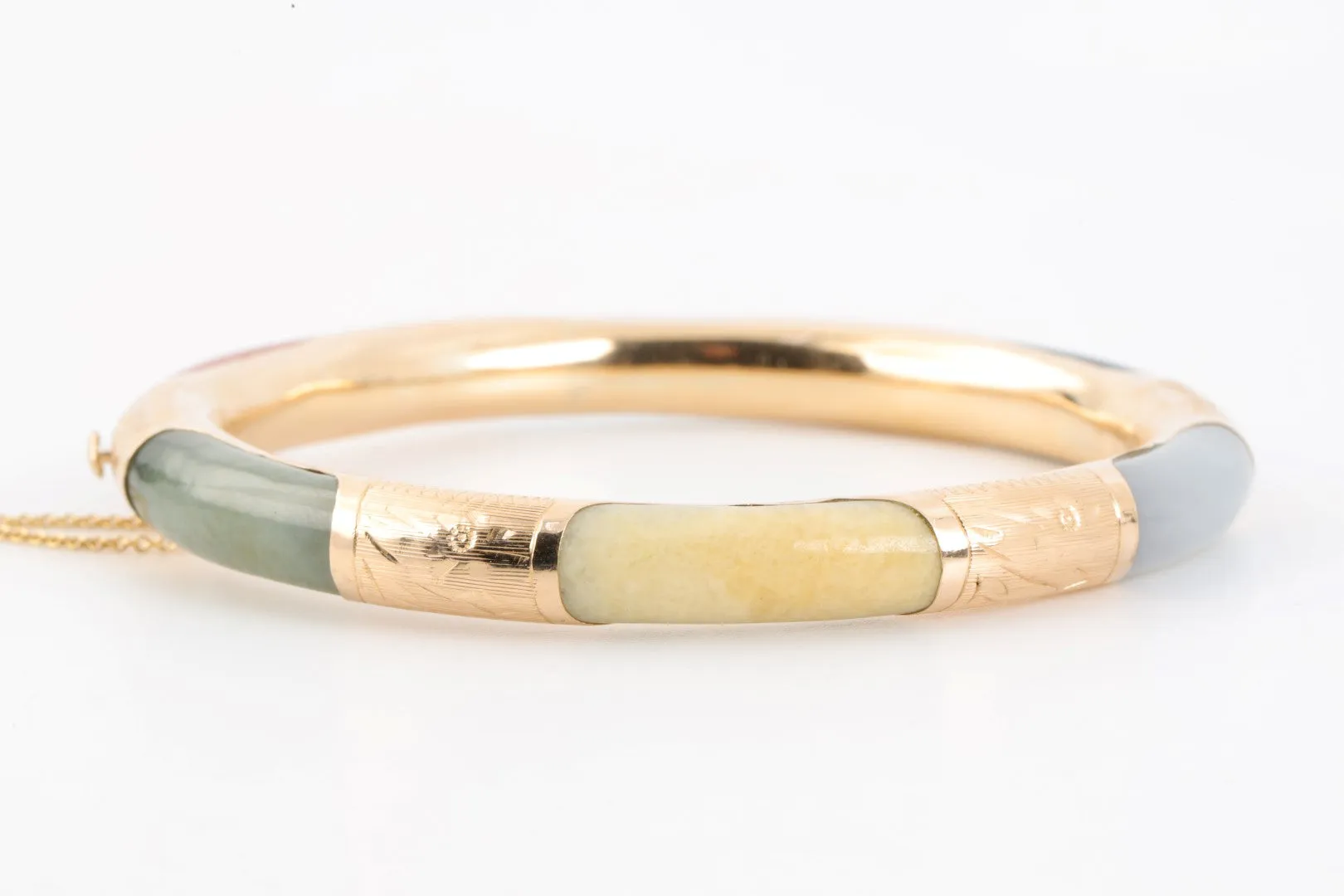 7" 14k Yellow Gold Multi-Colored Jadeite Bangle Bracelet (24.66g.)