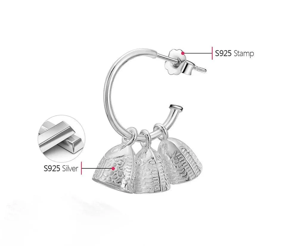 925 Sterling Silver Fish Bell Drop Earring Charm Jewelry - LFJB0113