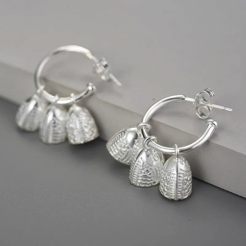 925 Sterling Silver Fish Bell Drop Earring Charm Jewelry - LFJB0113