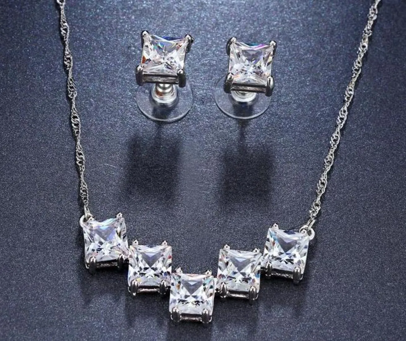 AAA CZ Square Crystal Pendant Necklace Earring Set