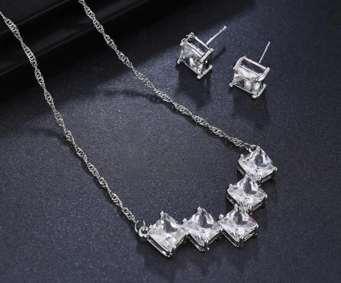 AAA CZ Square Crystal Pendant Necklace Earring Set