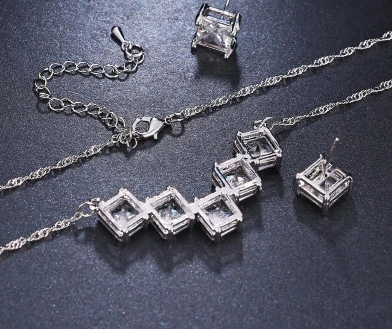 AAA CZ Square Crystal Pendant Necklace Earring Set