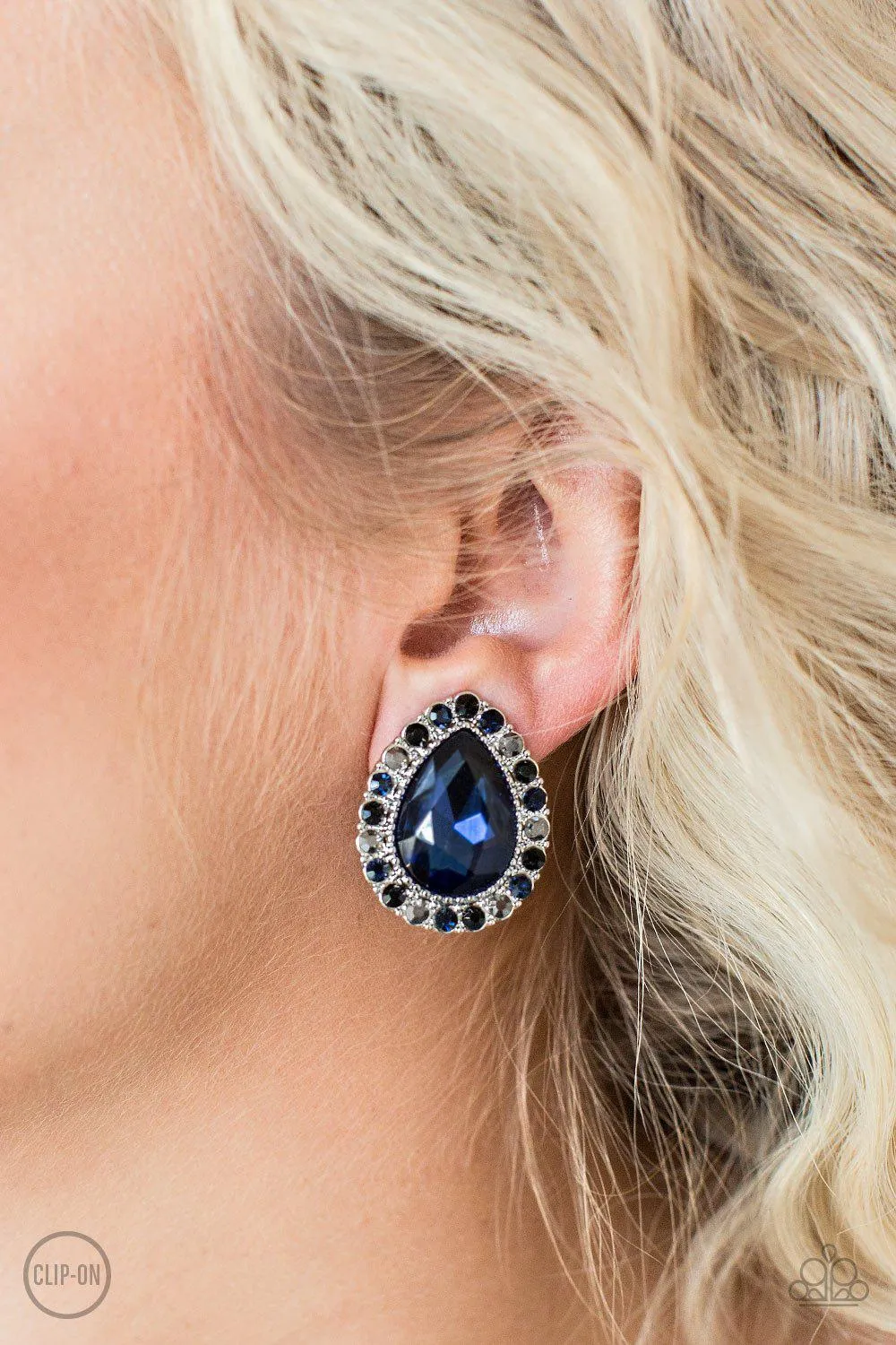 All HAUTE and Bothered Multi Blue and Hematite Rhinestone Clip-on Earrings - Paparazzi Accessories