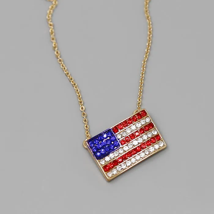 American Flag Rhinestone Pave Pendant Short Necklace