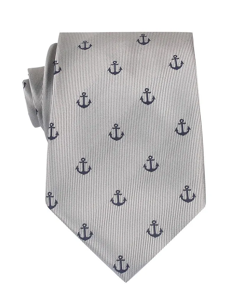 Anchor Tie - Light Grey with Navy