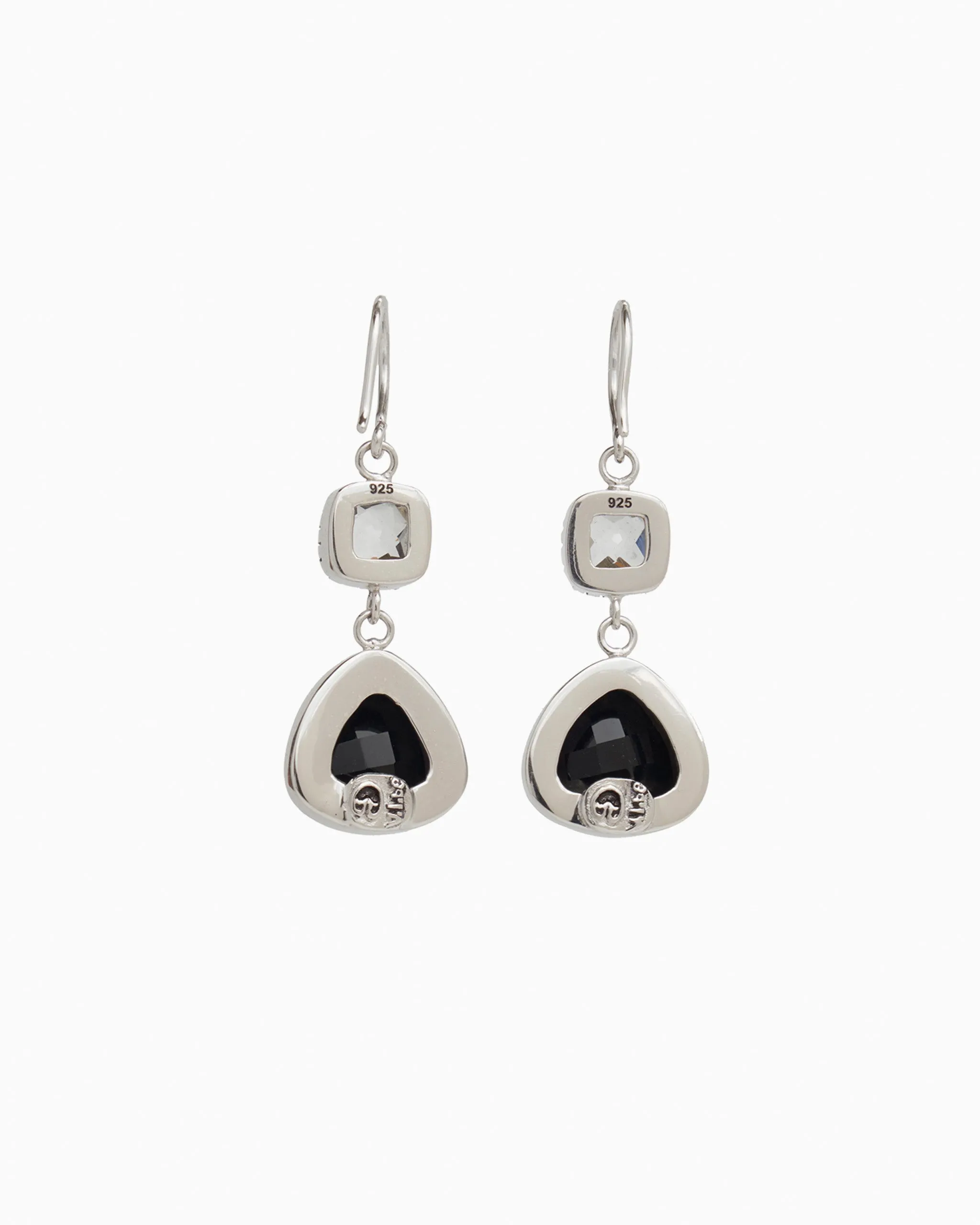 Angelfish Double Stone Drop Earrings - White Topaz/Black Onyx