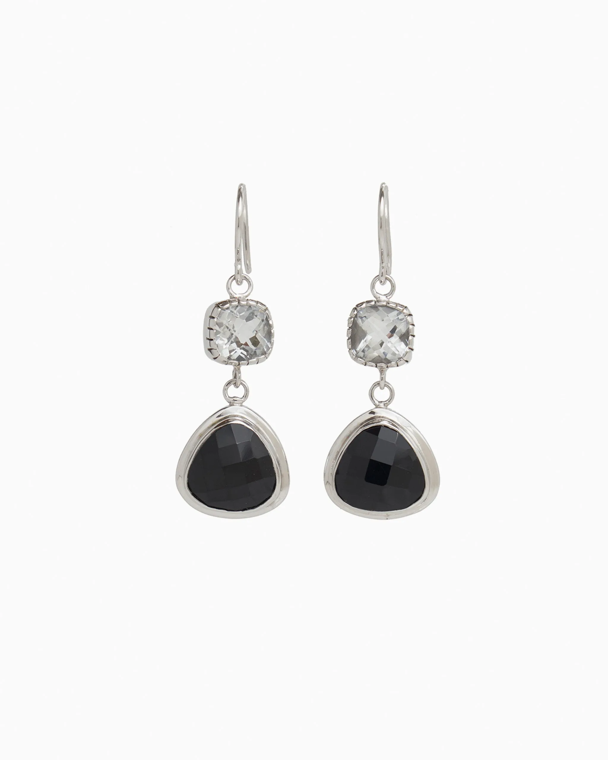 Angelfish Double Stone Drop Earrings - White Topaz/Black Onyx