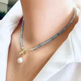 Aquamarine Toggle Necklace with Tiny Baroque Pearl Pendant, Gold Plated, March Birthstone. 16in