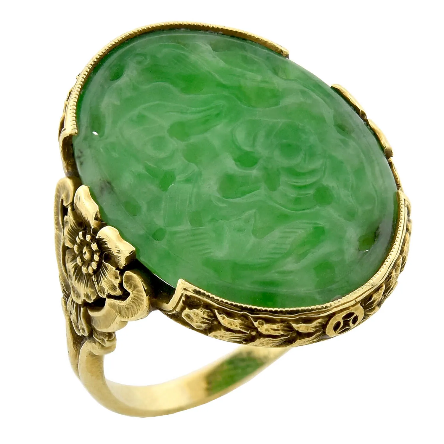 Art Deco 18kt Hand Carved Natural Jadeite Floral Ring