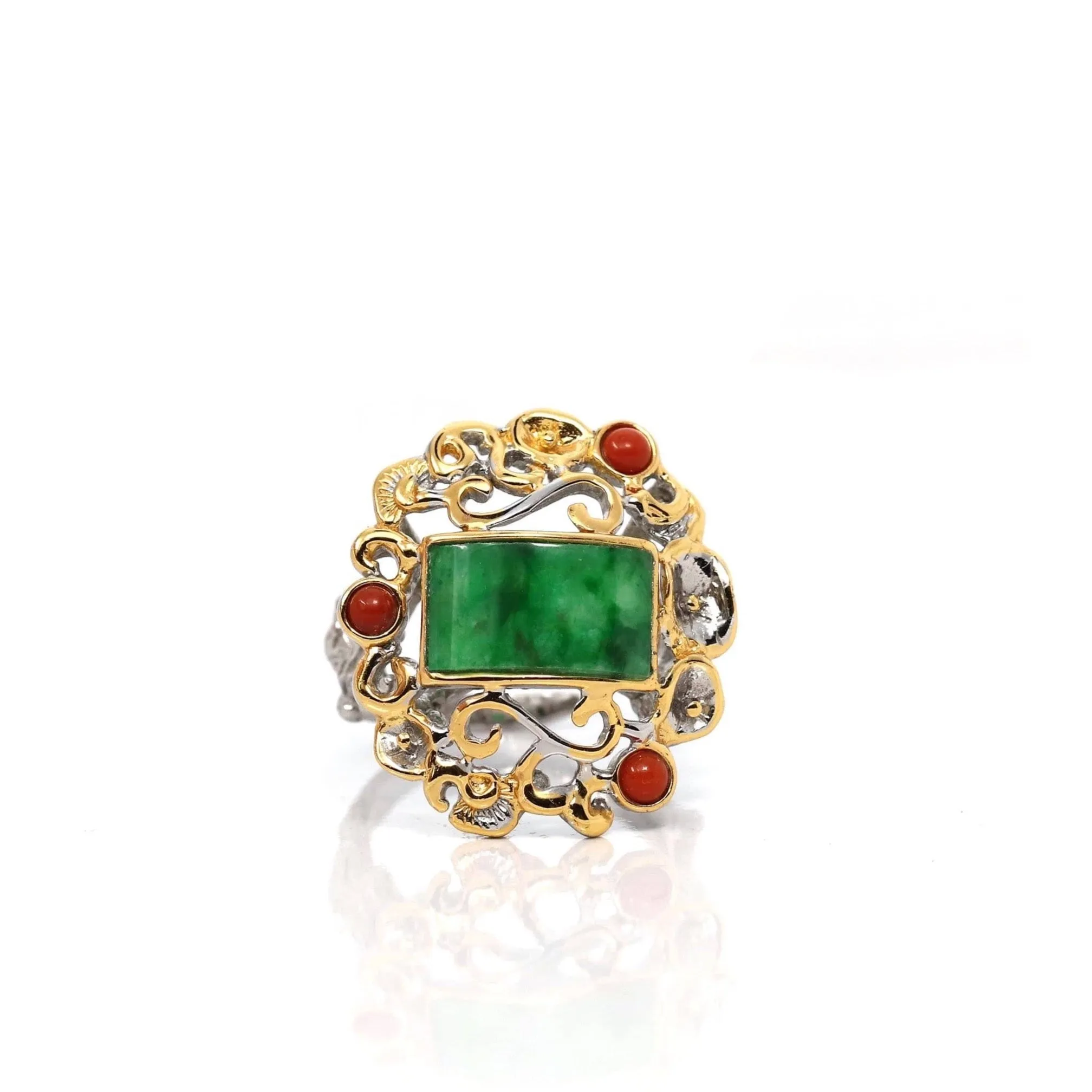 Baikalla "Antique Style" Sterling Silver Gold Plated Jadeite Jade Adjustable Ring With Agate Accents