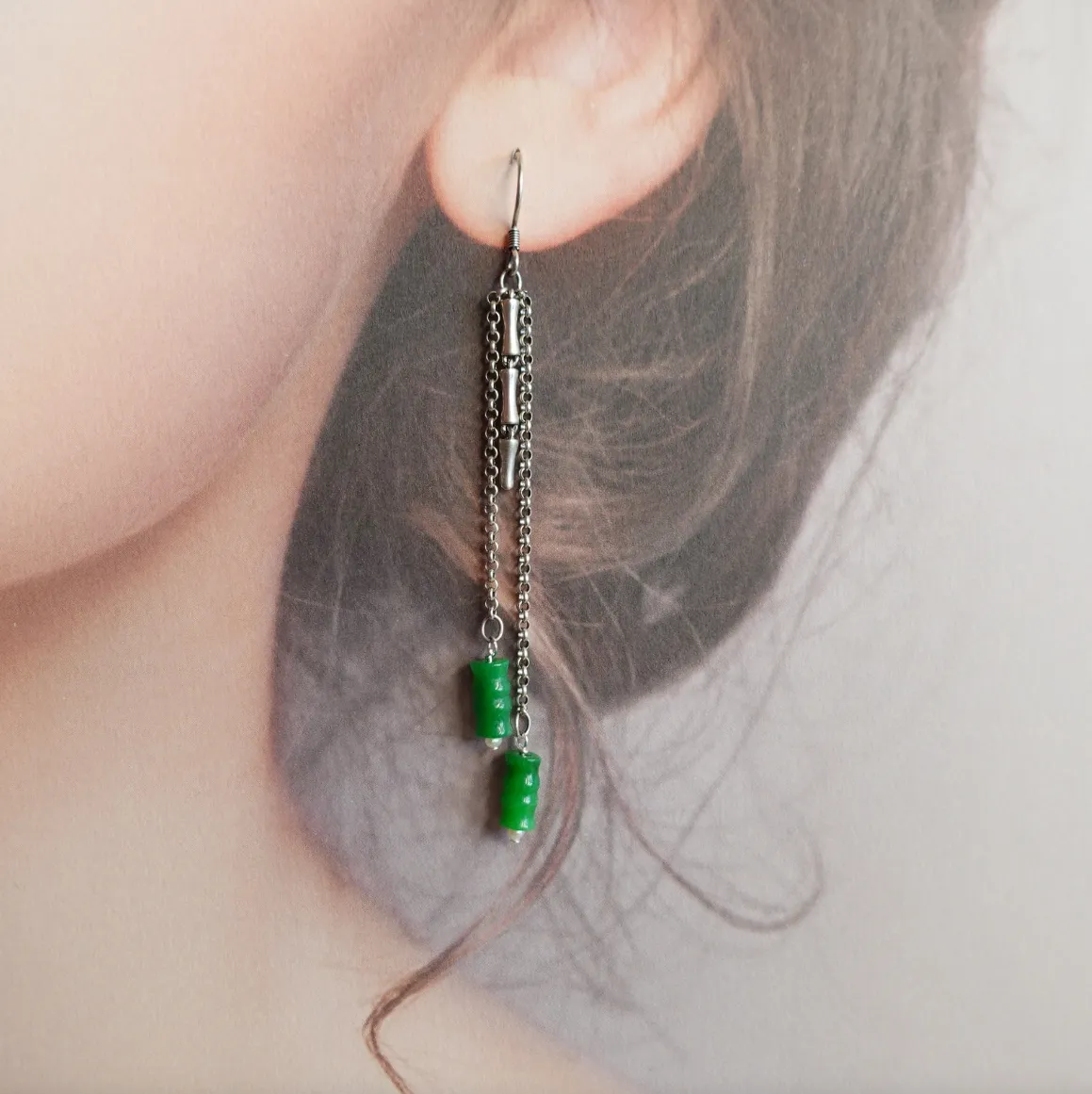 Bamboo Asymmetrical Jadeite Earrings in Sterling Silver