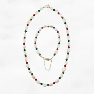 Baroque Pearl Necklace and Bracelet Set (Red and Green)