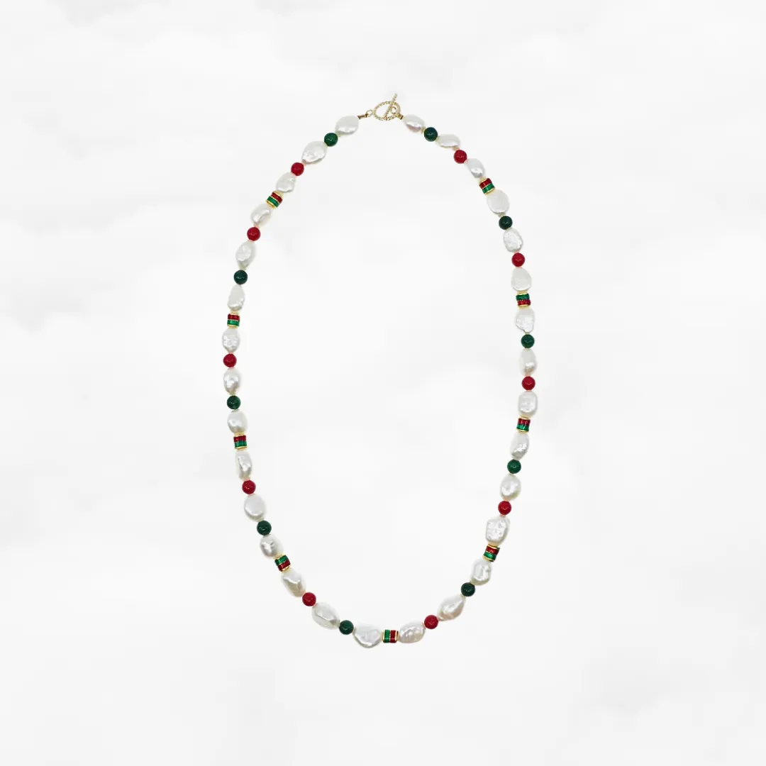 Baroque Pearl Necklace and Bracelet Set (Red and Green)