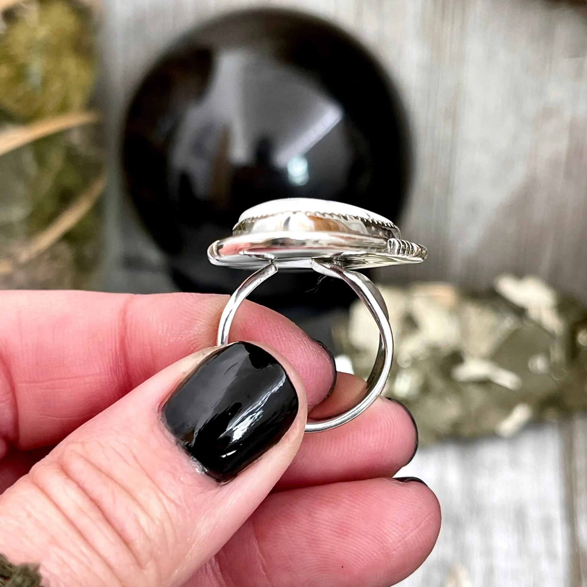 Big Dendritic Agate Crystal Statement Ring in Sterling Silver - Designed by FOXLARK Collection Adjustable to Size 6 7 8 9 | White Stone